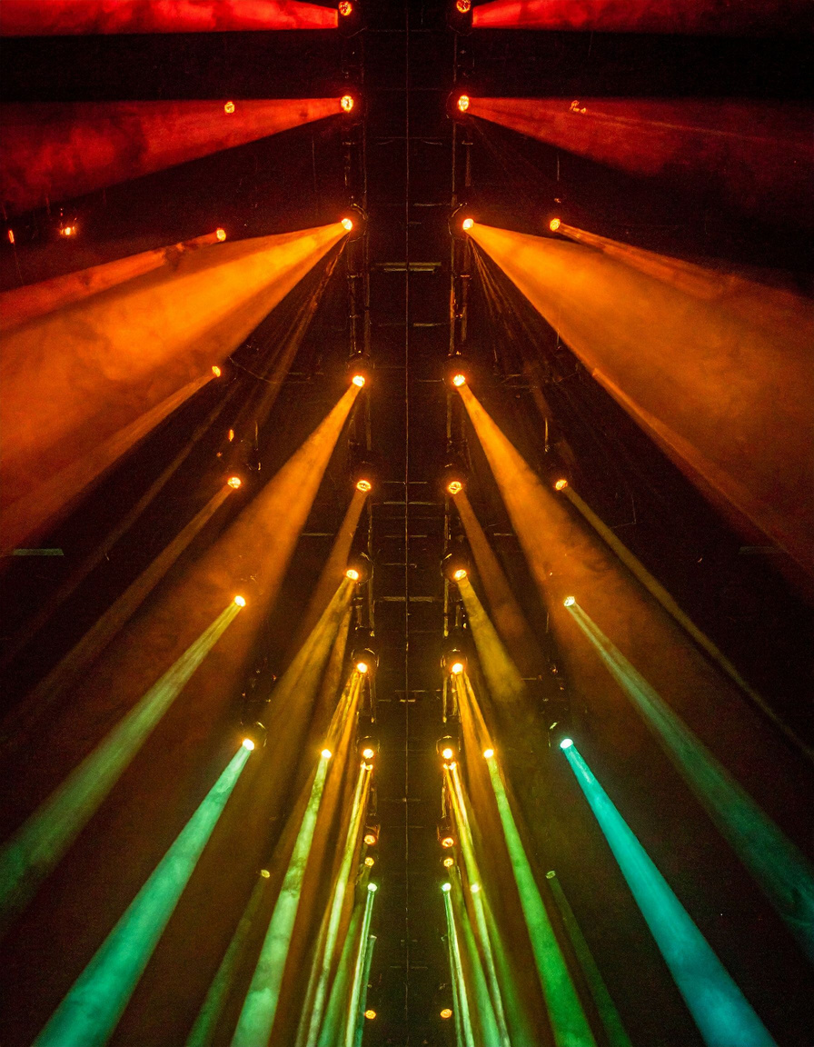 Feixes de luz âmbar e verde